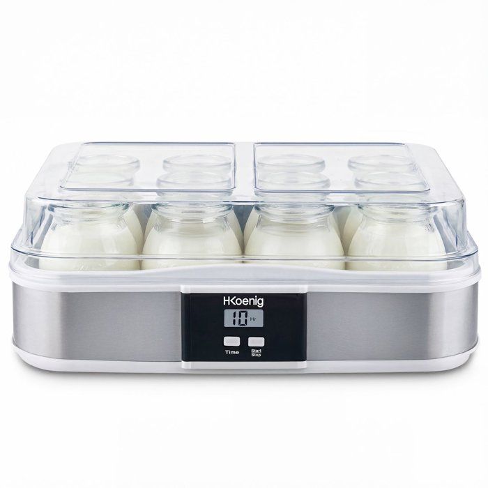 Yaourtiere HKoeNIG - ELY120 - Capacité 12 pots en verre de 160ml + 1 pot a fromage blanc (1,2L) - Programmable jusqu'a 15h - 15W