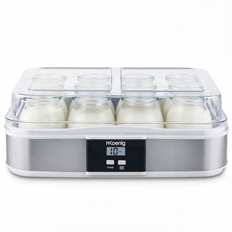 Yaourtiere HKoeNIG - ELY120 - Capacité 12 pots en verre de 160ml + 1 pot a fromage blanc (1,2L) - Programmable jusqu'a 15h - 15W
