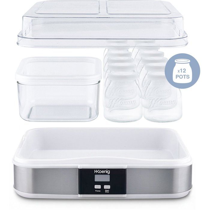 Yaourtiere HKoeNIG - ELY120 - Capacité 12 pots en verre de 160ml + 1 pot a fromage blanc (1,2L) - Programmable jusqu'a 15h - 15W