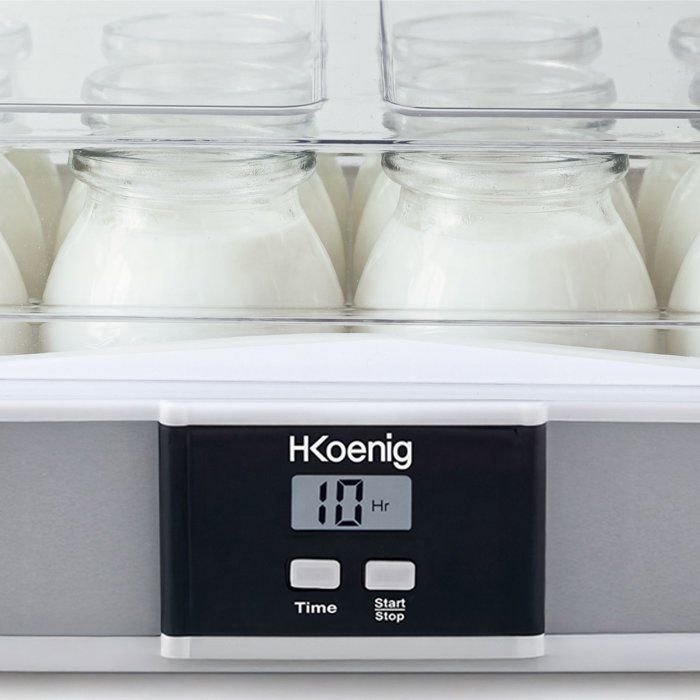 Yaourtiere HKoeNIG - ELY120 - Capacité 12 pots en verre de 160ml + 1 pot a fromage blanc (1,2L) - Programmable jusqu'a 15h - 15W