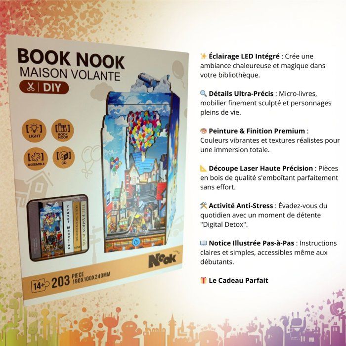 Book Nook - Kit DIY a construire Maquette 3D Serre Livre - Maison volante Nookland - 10 x 19 x 24 cm