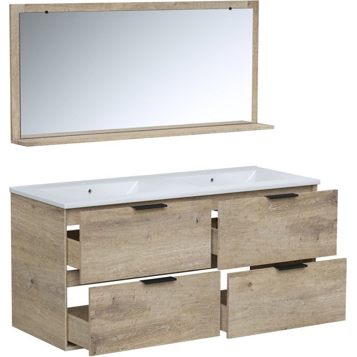 Ensemble salle de bain - Meuble 4 tiroirs - Vasque - L120 x P45 x H55 cm - Miroir - BEVEL