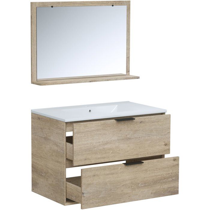 Ensemble salle de bain - Meuble 2 tiroirs - Vasque - L180 x P45 x H55 cm - Miroir - BEVEL