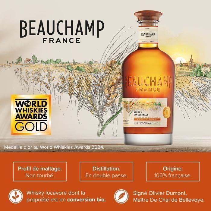 BEAUCHAMP - Whisky Single Malt - Whisky Français Beauchamp - Origine : 100 % France - 46 % Alcool - Bouteille 70 cl