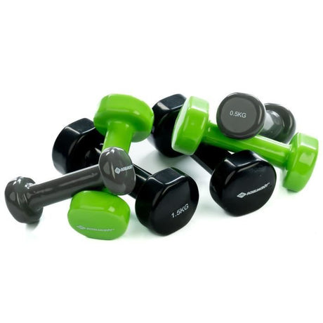 Set d'halteres - SCHILDKROT - 2 x 0,5kg anthracite - 2 x 1,0kg vert citron - 2 x 1,5kg noir - fonte + vinyle - Valise avec poignée
