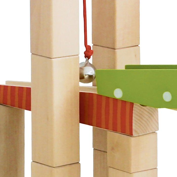 Circuit a billes en bois - ROBA - 20 billes en verre - 80 briques de construction - Naturel / Rouge / Bleu / Vert