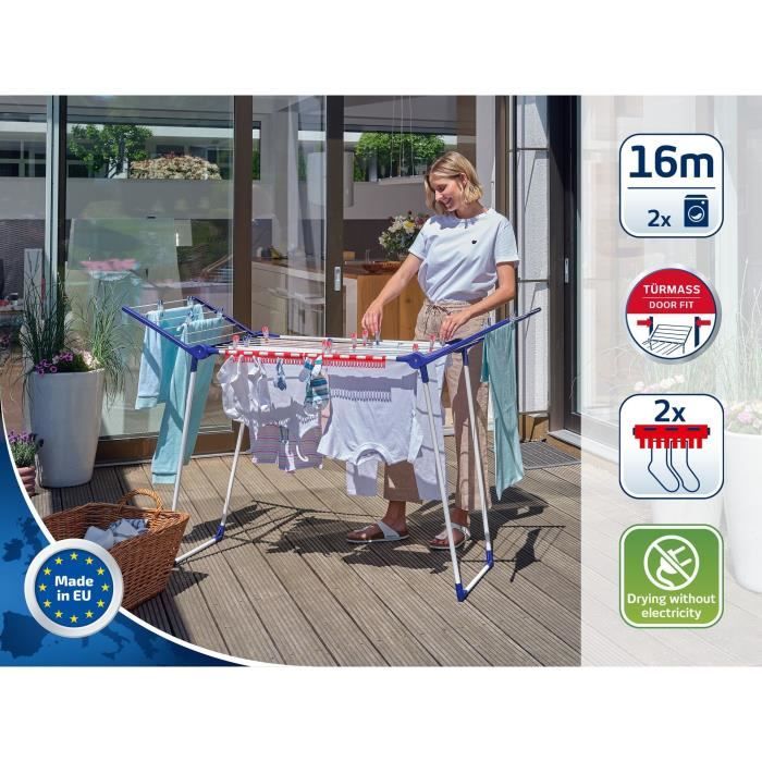 Étendoir a linge Leifheit Pegasus 160 Solid Slim 81620, séchoir a linge compact avec 16m d'étendage, tancarville robuste, blanc