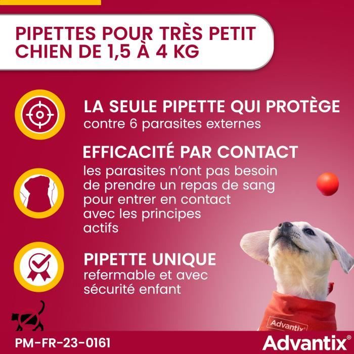 Advantix Chien Solution Antiparasitaire Puces Tiques Répulsif Mouches Moustiques Phlébotomes 1,5 a 4kg 4 pipettes