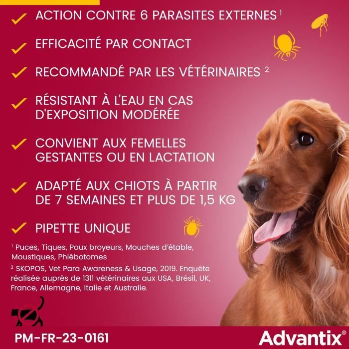 Advantix Chien Solution Antiparasitaire Puces Tiques Répulsif Mouches Moustiques Phlébotomes 1,5 a 4kg 4 pipettes