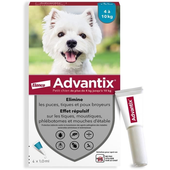 ADVANTIX Chien Solution Antiparasitaire Petite Race 4 a 10kg 4 pipettes