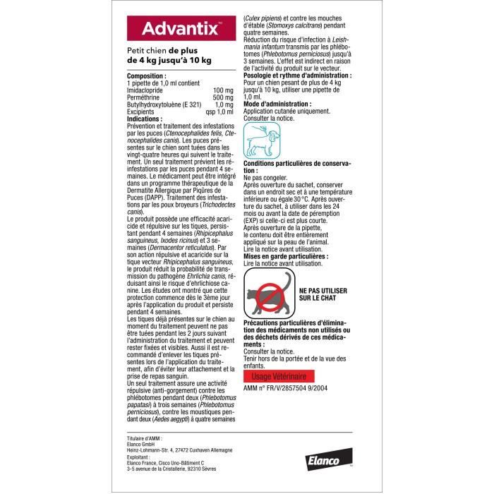 ADVANTIX Chien Solution Antiparasitaire Petite Race 4 a 10kg 4 pipettes