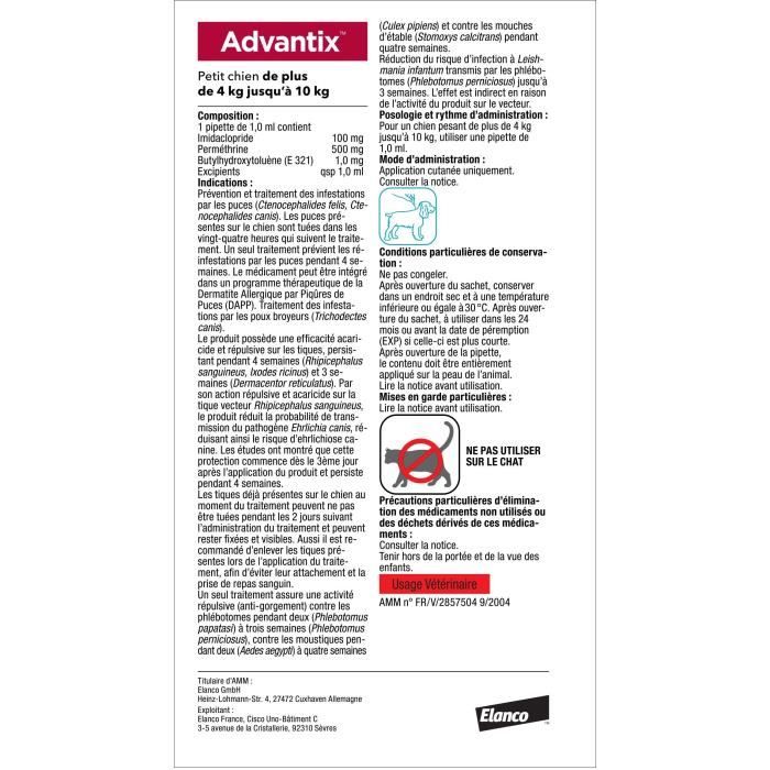 Advantix Chien Solution Antiparasitaire Petite Race 4 a 10kg 6 pipettes