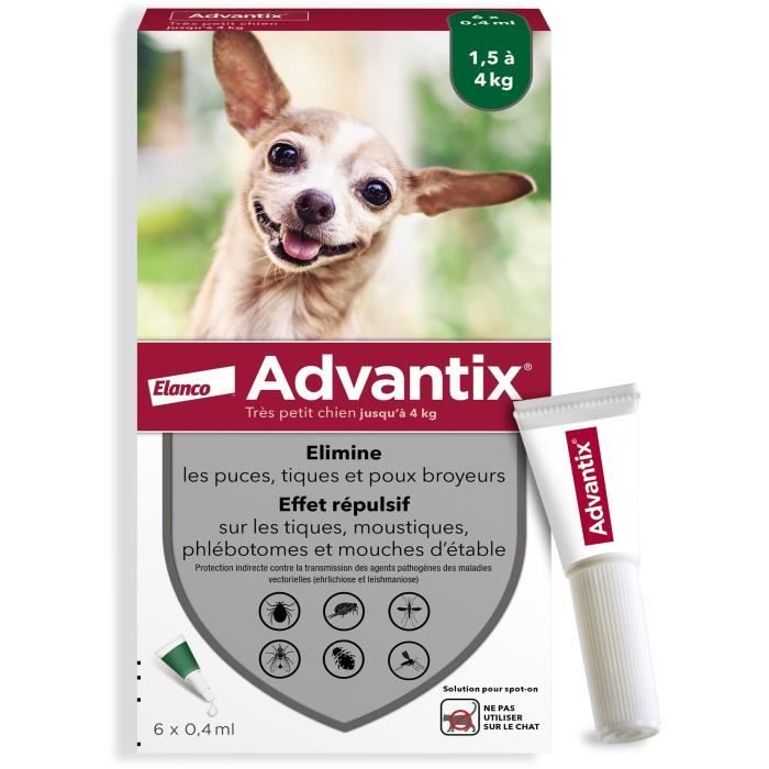 ADVANTIX Chien Solution Antiparasitaire Tres Petite Race 1,5 a 4kg 6 pipettes