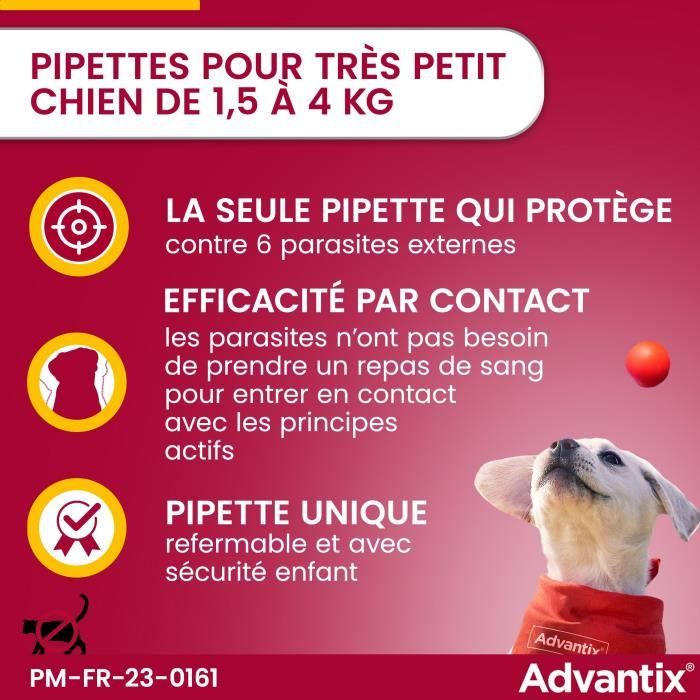 ADVANTIX Chien Solution Antiparasitaire Tres Petite Race 1,5 a 4kg 6 pipettes