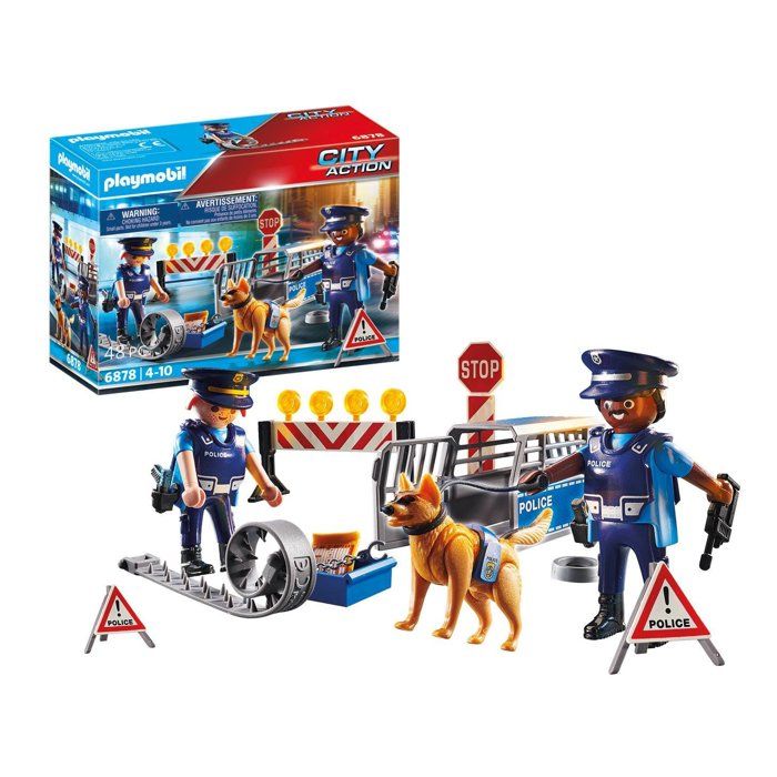 PLAYMOBIL 6878 Barrage de police, City Action, Contient un barrage de police avec chien policier et de nombreux accessoires, des 4 a