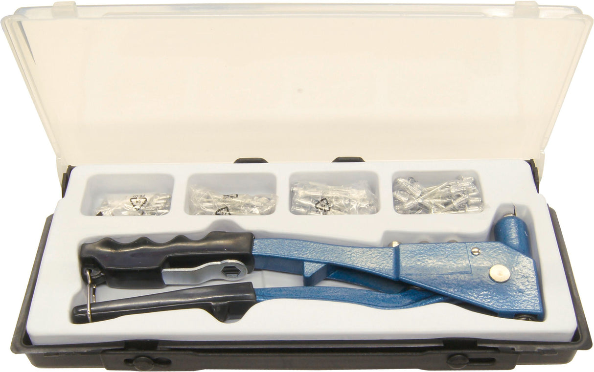 Jeu de pince a riveter - MEISTER - CP195270 - Inclus 100 rivets en aluminium - Boîte plastique avec couvercle transparent