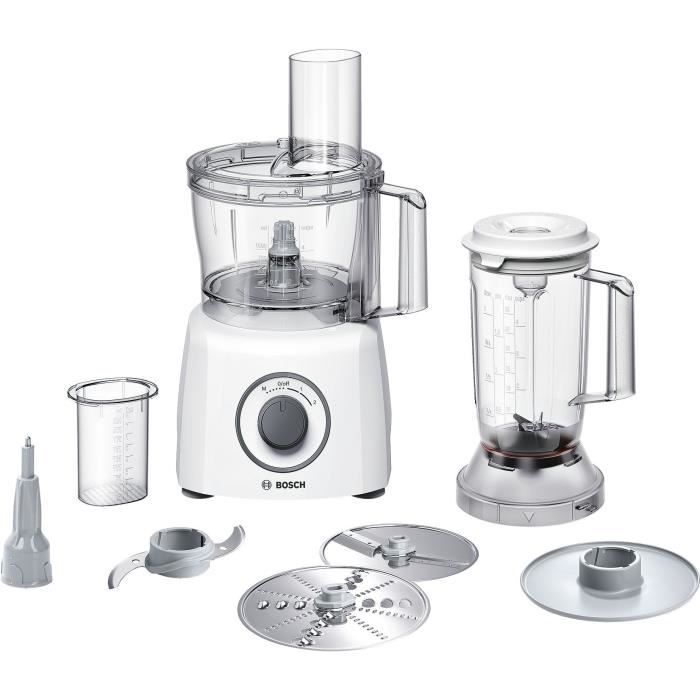 Robot multifonctions BOSCH MultiTalent3 - Blanc - 800 W -  2 vitesses et pulse - Bol mélangeur 2,3 L - Bol mixeur 1 L - 2 disques