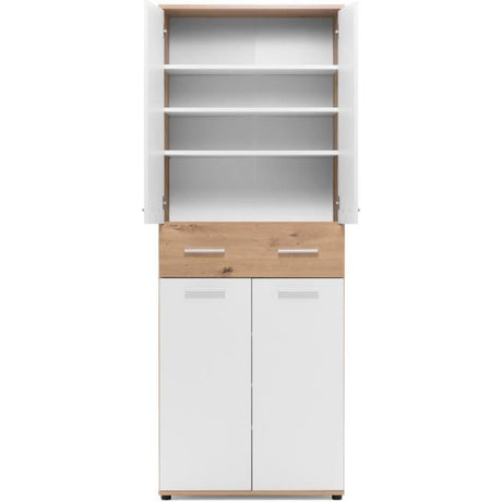 Armoire a chaussures - Décor Chene Artisan et blanc - L70 x P35 x H185 cm - 6 Étageres - 1 Tiroir - Capacité 24 Paires