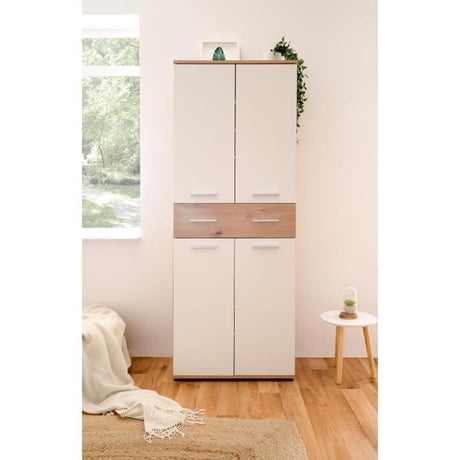 Armoire a chaussures - Décor Chene Artisan et blanc - L70 x P35 x H185 cm - 6 Étageres - 1 Tiroir - Capacité 24 Paires