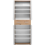 Meuble a chaussures Jacky 42 - Chene Artisan / Blanc - 70 x 185 x 35 cm - 6 Étageres - 1 Tiroir - Capacité 24 Paires