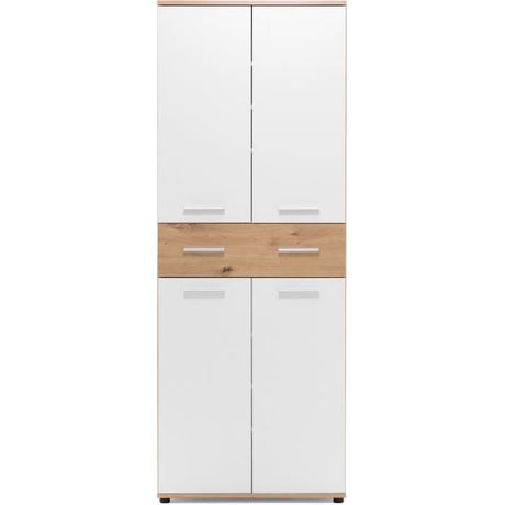 Armoire a chaussures - Décor Chene Artisan et blanc - L70 x P35 x H185 cm - 6 Étageres - 1 Tiroir - Capacité 24 Paires