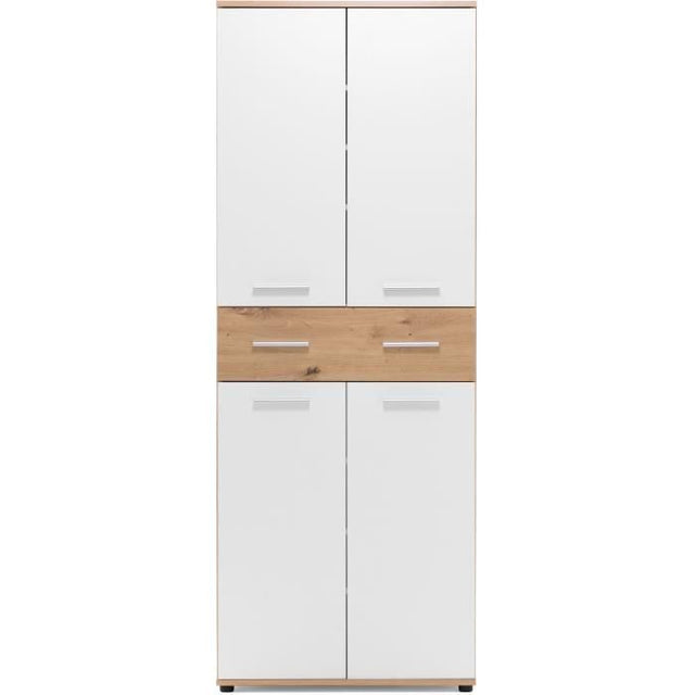 Armoire a chaussures - Décor Chene Artisan et blanc - L70 x P35 x H185 cm - 6 Étageres - 1 Tiroir - Capacité 24 Paires