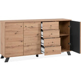 Buffet salle a manger MEDAN - Décor chene artisan et anthracite - 3 portes + 4 tiroirs - L160 x H85 x P40 cm