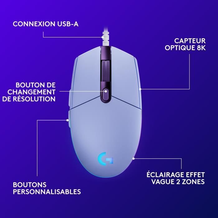 Souris gamer - Filaire - Logitech G - G203 - Lilas