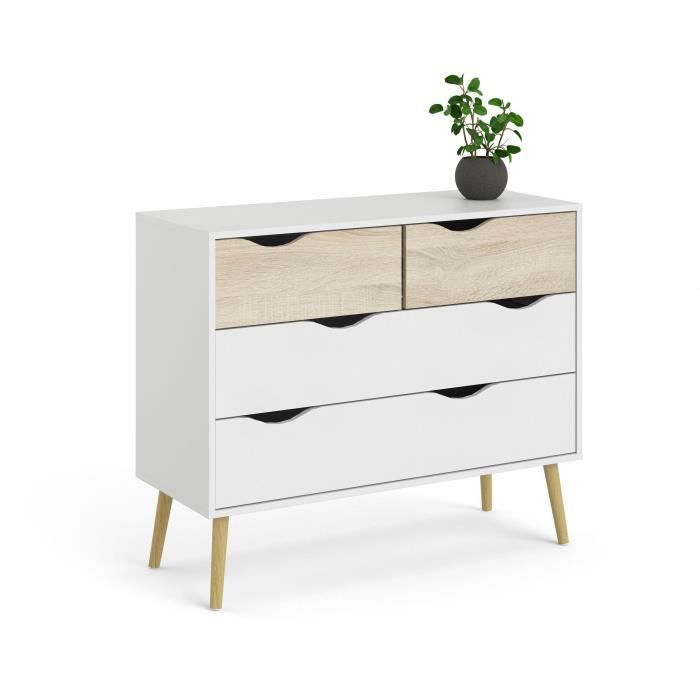 Commode 4 tiroirs - Blanc / Chene - Pietement ÈvasÈ en bois massif - 98,7 x 39,1 x 81,7 cm ARO