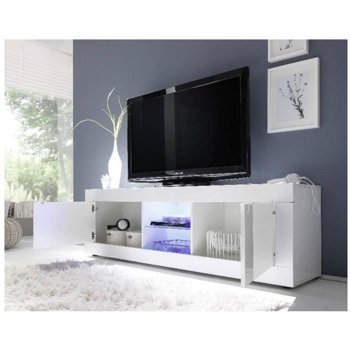Meuble TV - BASICO - 2 portes - Blanc laqué brillant - 180 x 43 x 56 cm