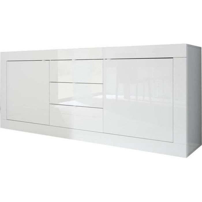 Buffet BASICO 2 Portes 3 Tiroirs Blanc Laqué brillant  - L210xP42xH85,8 cm