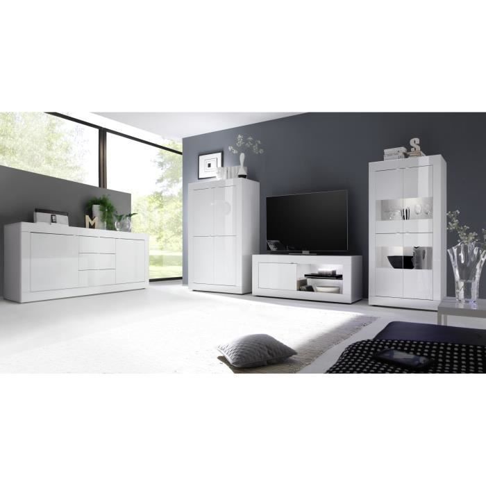 Buffet BASICO 2 Portes 3 Tiroirs Blanc Laqué brillant  - L210xP42xH85,8 cm