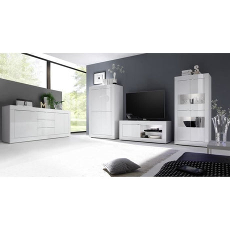 Buffet BASICO 2 Portes 3 Tiroirs Blanc Laqué brillant  - L210xP42xH85,8 cm