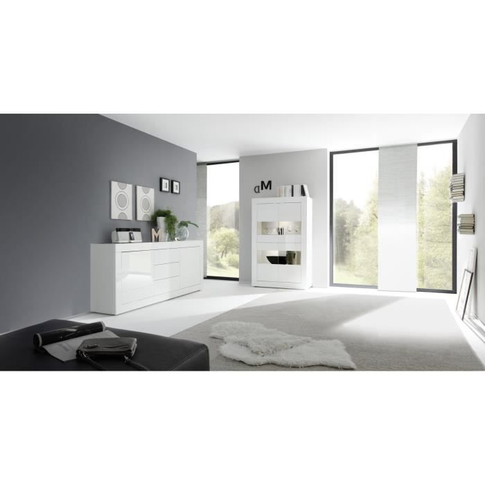 Buffet BASICO 2 Portes 3 Tiroirs Blanc Laqué brillant  - L210xP42xH85,8 cm
