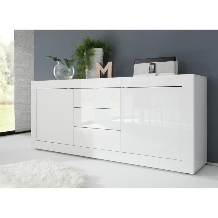 Buffet BASICO 2 Portes 3 Tiroirs Blanc Laqué brillant  - L210xP42xH85,8 cm
