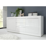Buffet BASICO 2 Portes 3 Tiroirs Blanc Laqué brillant  - L210xP42xH85,8 cm