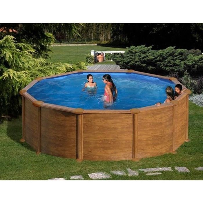 GRE - Above ground swimming pool kit, round steel, imitation wood - Ø480 x H132 cm (Supplied with sand filter + ladder)