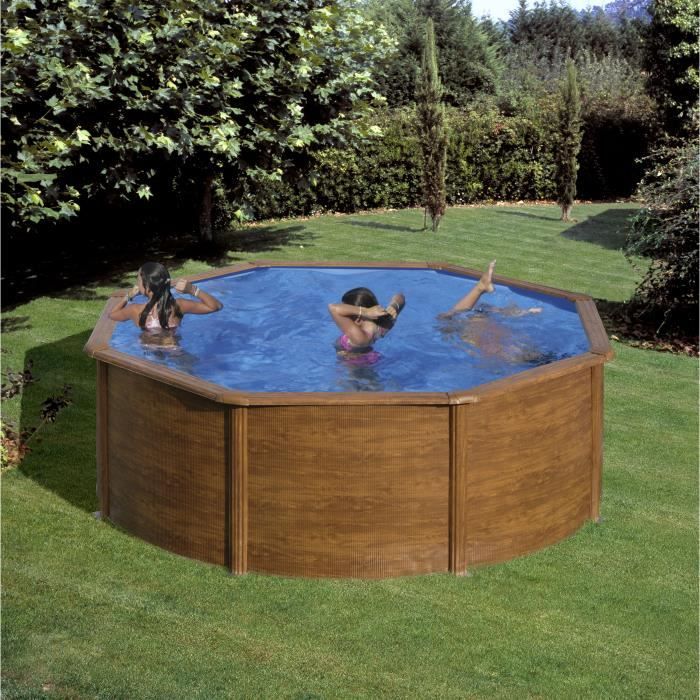 GRE - Kit Piscine hors sol acier ronde imitation bois - ÿ370 x H122 cm (LivrÈe avec filtre a cartouche + Èchelle)