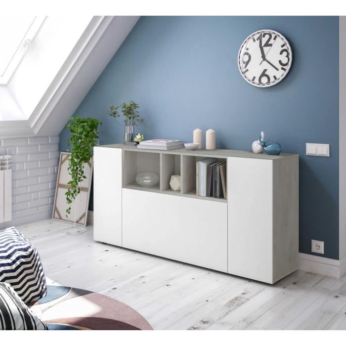 Buffet LOIRA - Mélaminé - Blanc artik et ciment - 3 portes + 3 niches de rangement - L 150 x P 41 x H 76 cm