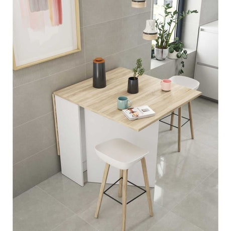 Table de cuisine rabattable FLY - Mélaminé blanc artik et chene - L 31/140 x P 77 x H 78 cm