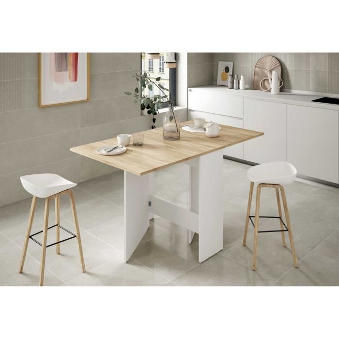 Table de cuisine rabattable FLY - MÈlaminÈ blanc artik et chene - L 31/140 x P 77 x H 78 cm