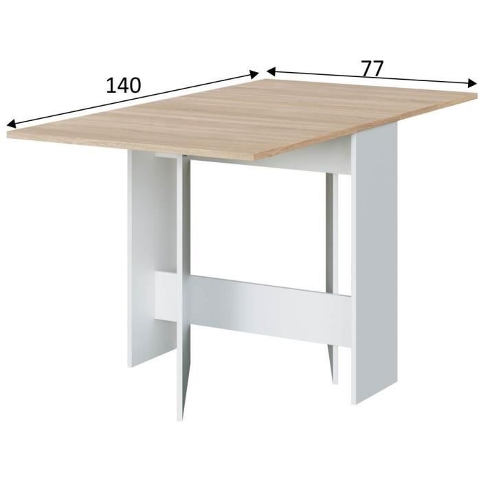 Table de cuisine rabattable FLY - Mélaminé blanc artik et chene - L 31/140 x P 77 x H 78 cm