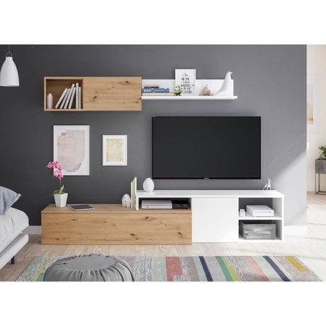Ensemble meuble TV réversible JULIA - Mélaminé blanc et chene - 2 Portes battantes - L220 x P40  x H 44 cm
