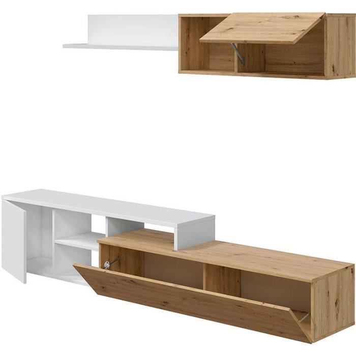 Ensemble meuble TV réversible JULIA - Mélaminé blanc et chene - 2 Portes battantes - L220 x P40  x H 44 cm