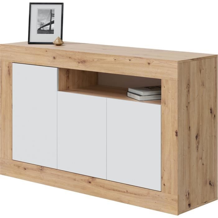 Buffet - BALTIK - Mélaminé 3 portes + 1 niche de rangement - Chene nodi et blanc artik - L 144x P 44 x H 87 cm