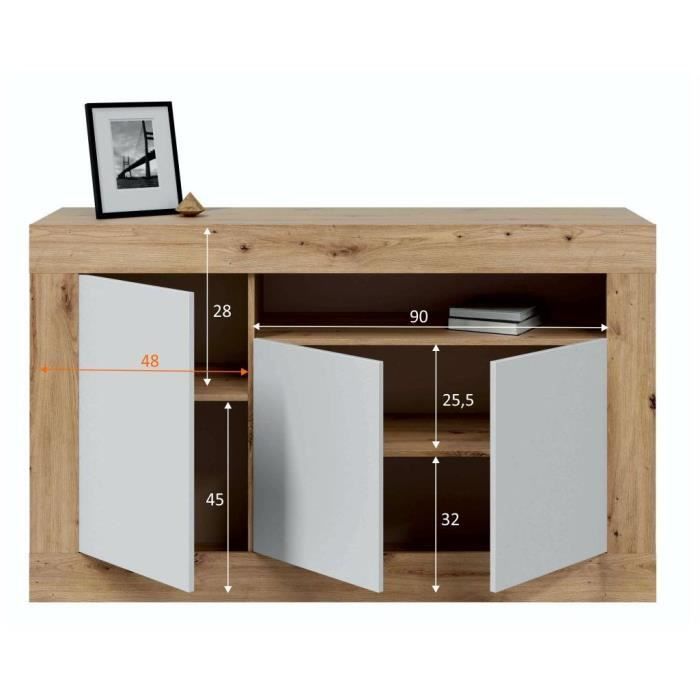 Buffet - BALTIK - MÈlaminÈ 3 portes + 1 niche de rangement - Chene nodi et blanc artik - L 144x P 44 x H 87 cm
