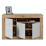 Buffet - BALTIK - MÈlaminÈ 3 portes + 1 niche de rangement - Chene nodi et blanc artik - L 144x P 44 x H 87 cm