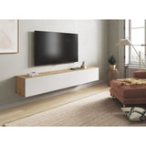 Meuble TV suspendu - L 180X P 28X H 35 cm KAWAY - Décor blanc et chene - 2 Portes abattantes