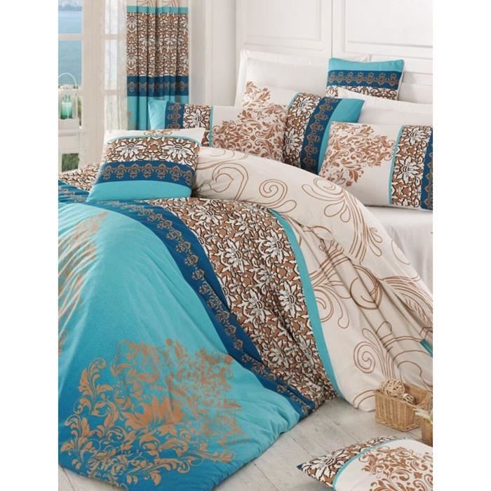 Parure de lit - 1 housse de couette 220 x 240 cm + 2 taies d'oreiller 60 x 60 cm - 100% coton renforcé - Turquoise