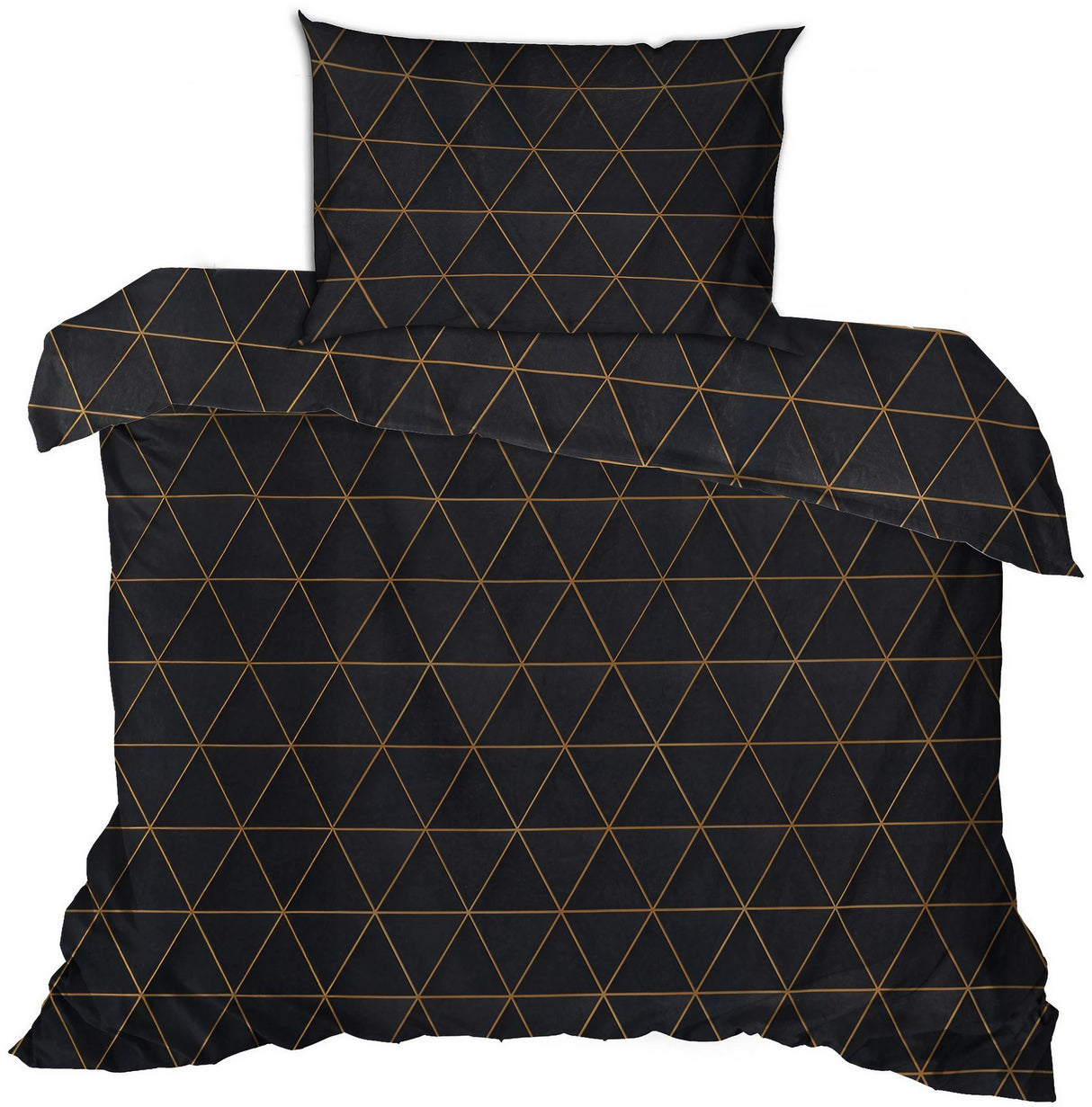 Parure de lit - 1 housse de couette 140 x 200cm + 1 taies d'oreiller 60 x 60 cm - 100% coton renforcé - Imprimé graphique Noir / Or